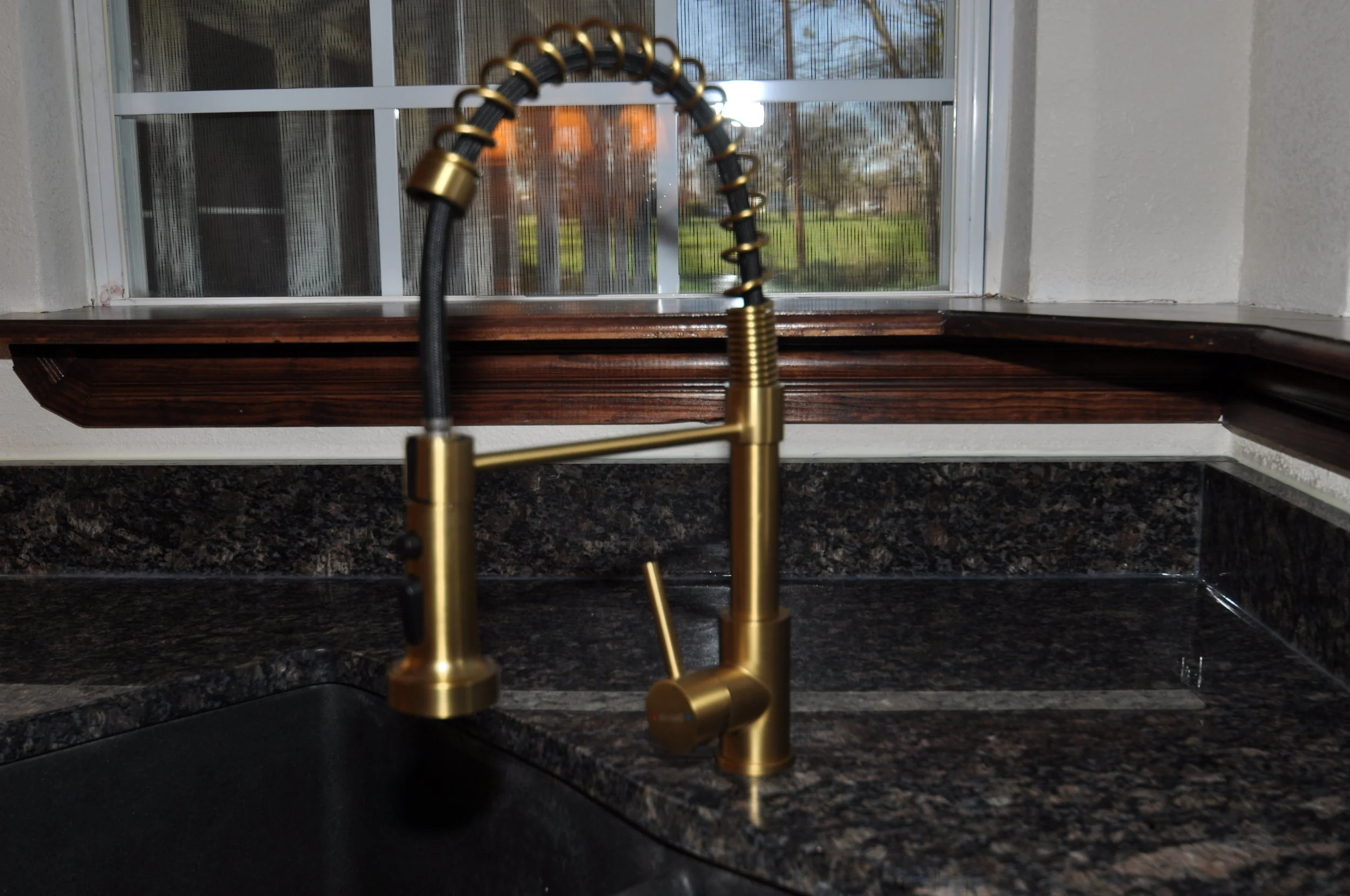Brushed gold kitchen faucet and composite granite double sink (which does not scratch or chip).