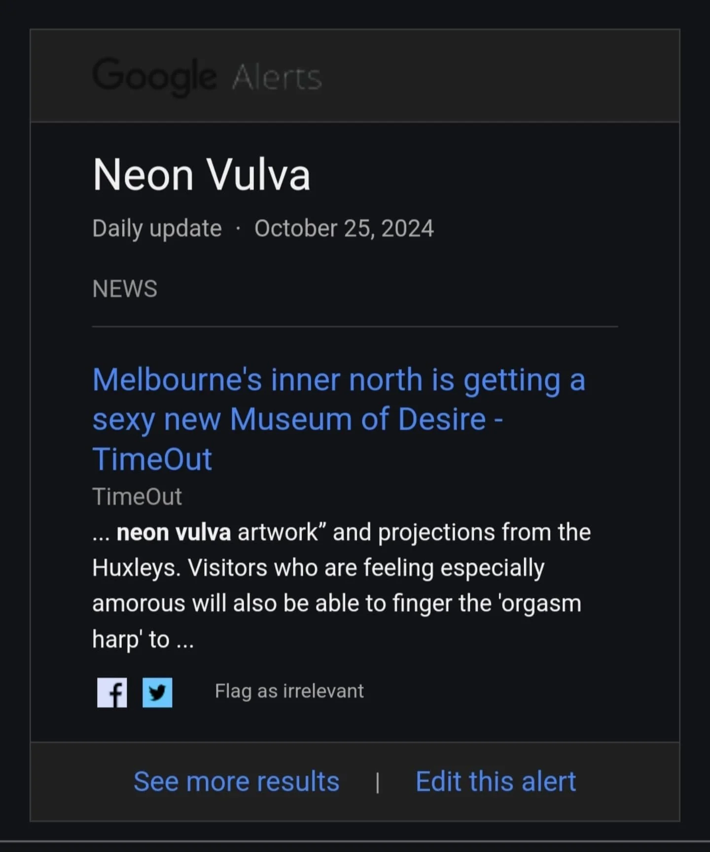 The first time my Google Alerts actually served up some Electric Pvssy Magic! 

I can't say much yet, but I am so honored to be included in the @museumofdesire and so excited to be expanding my work over to Australia. Can't wait to see it all come to