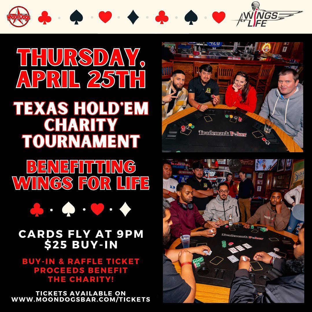 On Thursday, April 25th, play for a good cause in our Texas Hold&rsquo;em Charity Tournament benefitting @wingsforlife, a not-for-profit spinal cord research foundation that funds world-class scientific research and clinical trials aimed at healing t