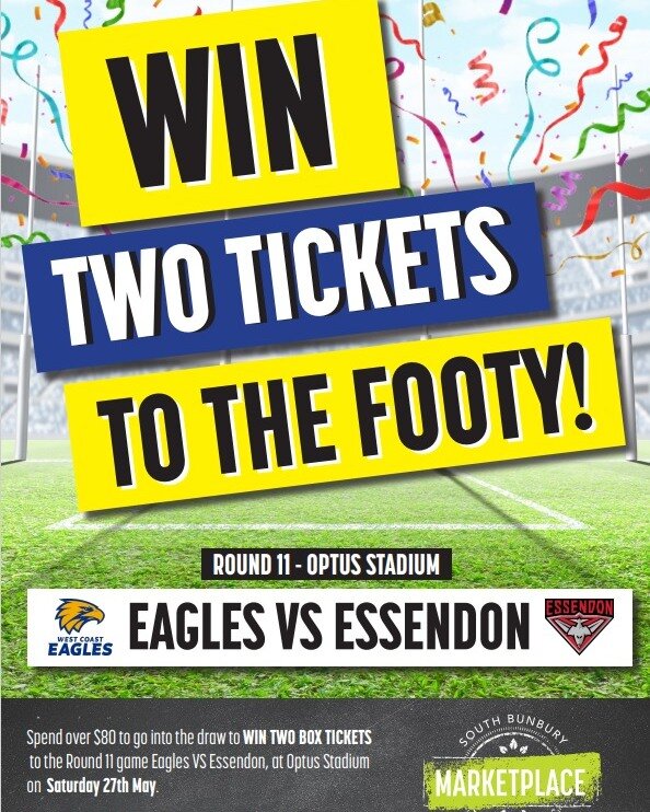 How would you like to WIN two Corporate Box tickets to the footy! 

To be in the draw to watch Eagles Vs Essendon at Optus Stadium on Saturday 27th May, all you have to do is spend over $80 in store to go into the draw to win. 

The winner will be dr