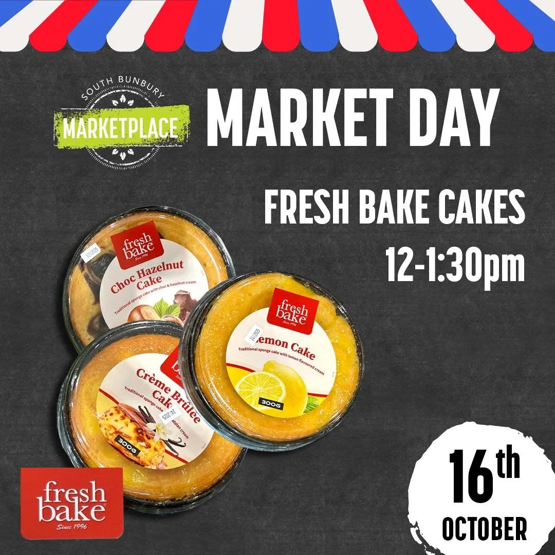 It's Market Day Today at
South Bunbury Marketplace!

Come down and taste a variety of delicious Fresh Bake  Cakes- available in-store from 12:00pm to 1:30pm today only!

#southbunburymarketplace #sbmarketplace #yourlocalmarketplace #themarketplacesou