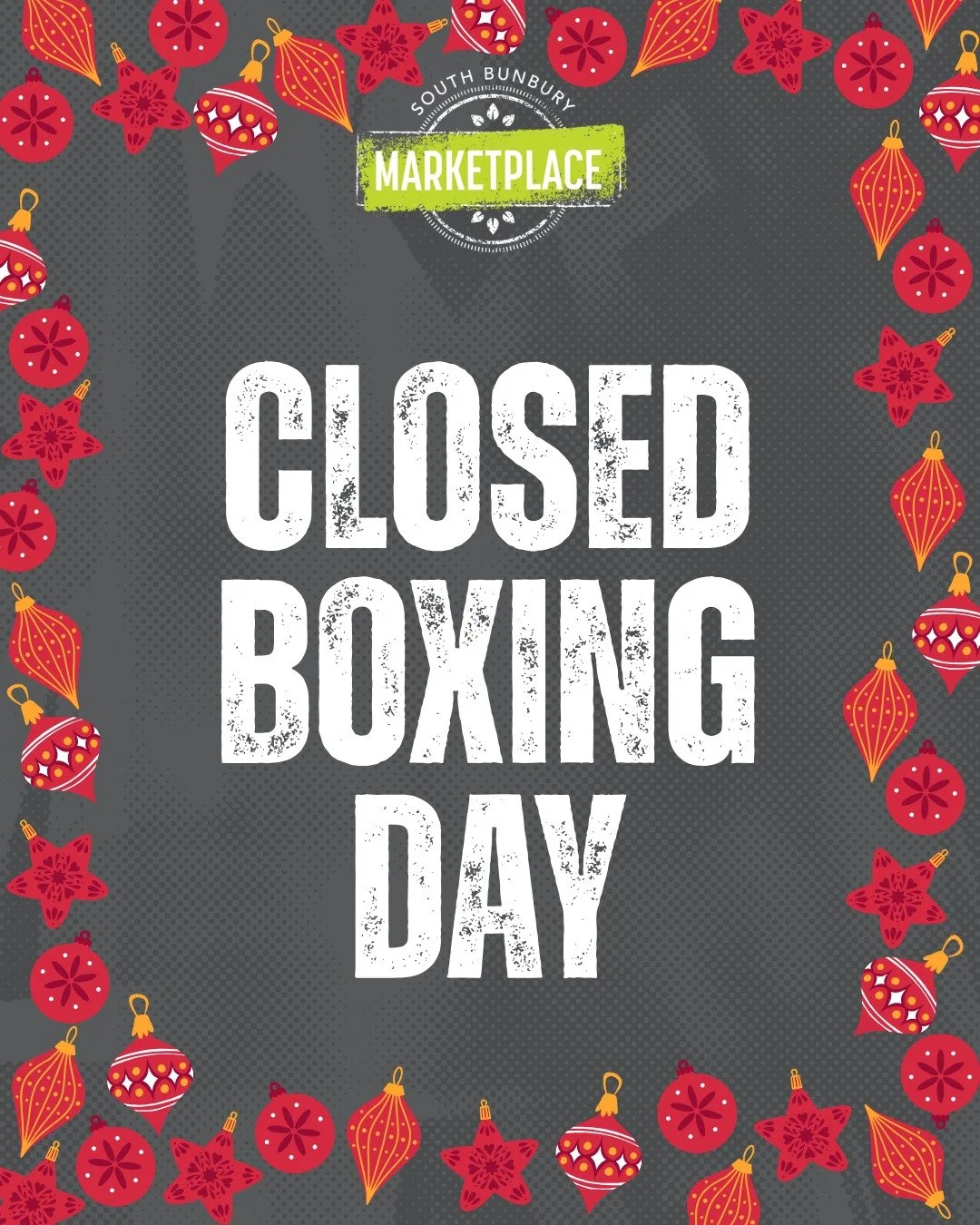 From all the team at South Bunbury Marketplace, thank you for your support. 
We are closed on Boxing Day and wish you a wonderful holiday. 

We will be back open tomorrow 10am - 5pm 

 #sbmarketplace #southbunburymarketplace #yourlocalmarketplace #su
