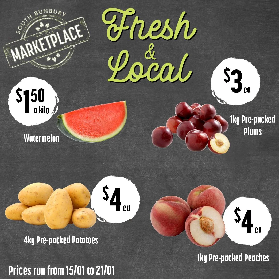Fresh Deals this Week at South Bunbury Marketplace! 

Save big on fresh fruit and veggies - your weekly produce shop just got easier

Shop local. Eat Fresh. Feel Good 

 #southbunburymarketplace #sbmarketplace #yourlocalmarketplace #buywesteatbest #s