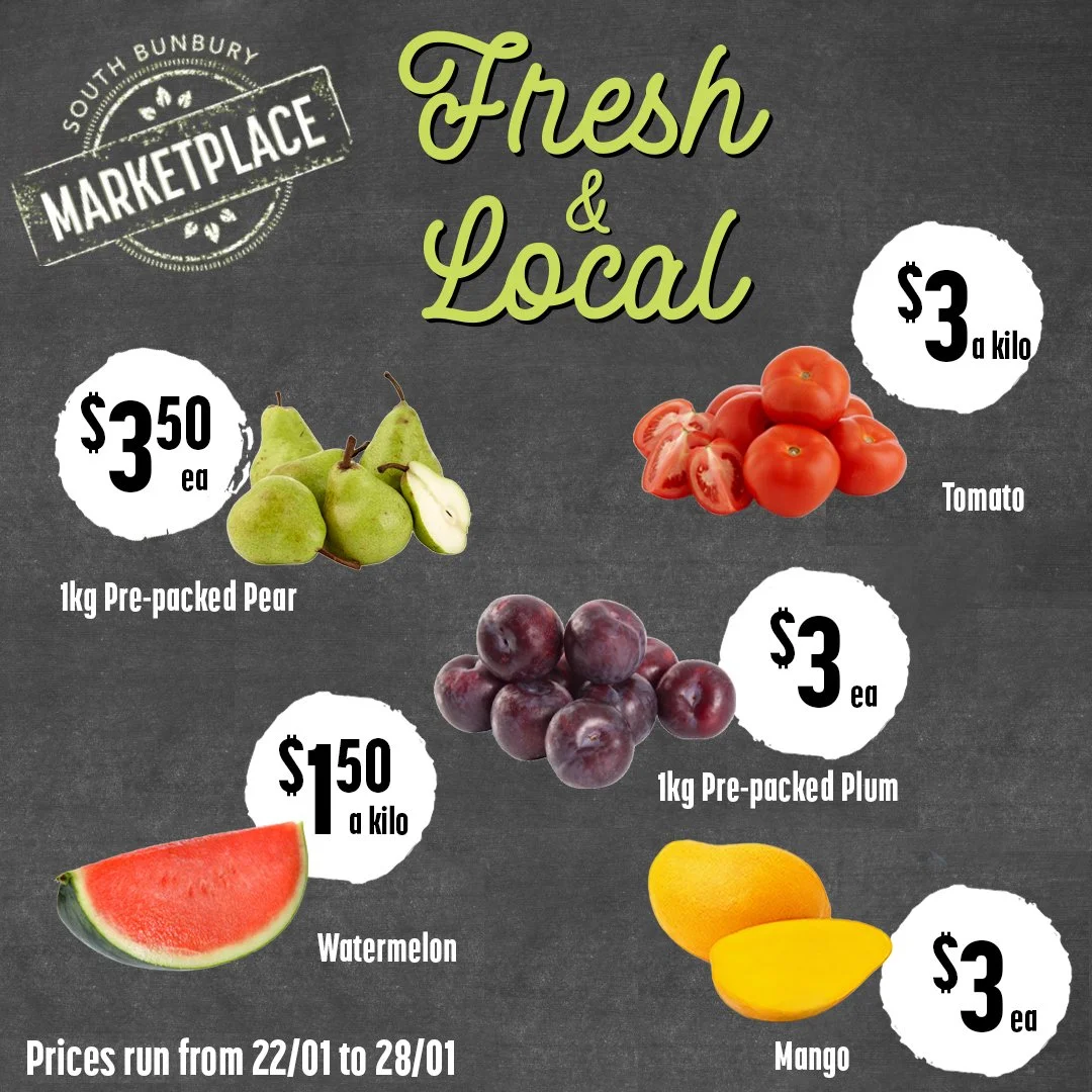 Weekly fresh produce specials at South Bunbury Marketplace! 

Enjoy top - quality fruits and vegetables at amazing prices. 

 #produce #groceriesshopping #groceries #freshfruitandveg #supportwafarmers #fresh #freshandlocal #supportlocal #buywesteatbe