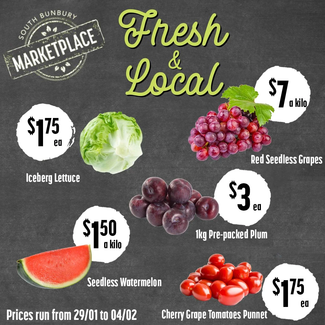 We have some amazing fresh savers this week!

1kg Pre-packed Plums $3 each 
Cherry Grape Tomatoes punnet $1.75 each
Red Seedless Grapes $7 a kilo 
Seedless Watermelon $1.50 a kilo 
Iceberg Lettuce $1.75 each

Prices run from 29/1/26 - 4/2/26

 #sbmar