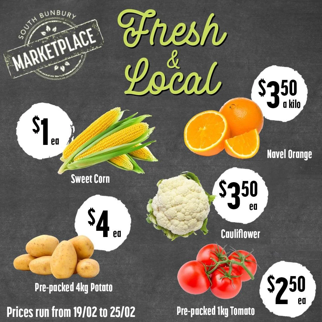 Nothing beats fresh and local!

Find vibrant, seasonal fruit and vegetables right here at South Bunbury Marketplace.

By shopping local, you're supporting our community and enjoying produce at its very best.

#southbunburymarketplace #sbmarketplace #
