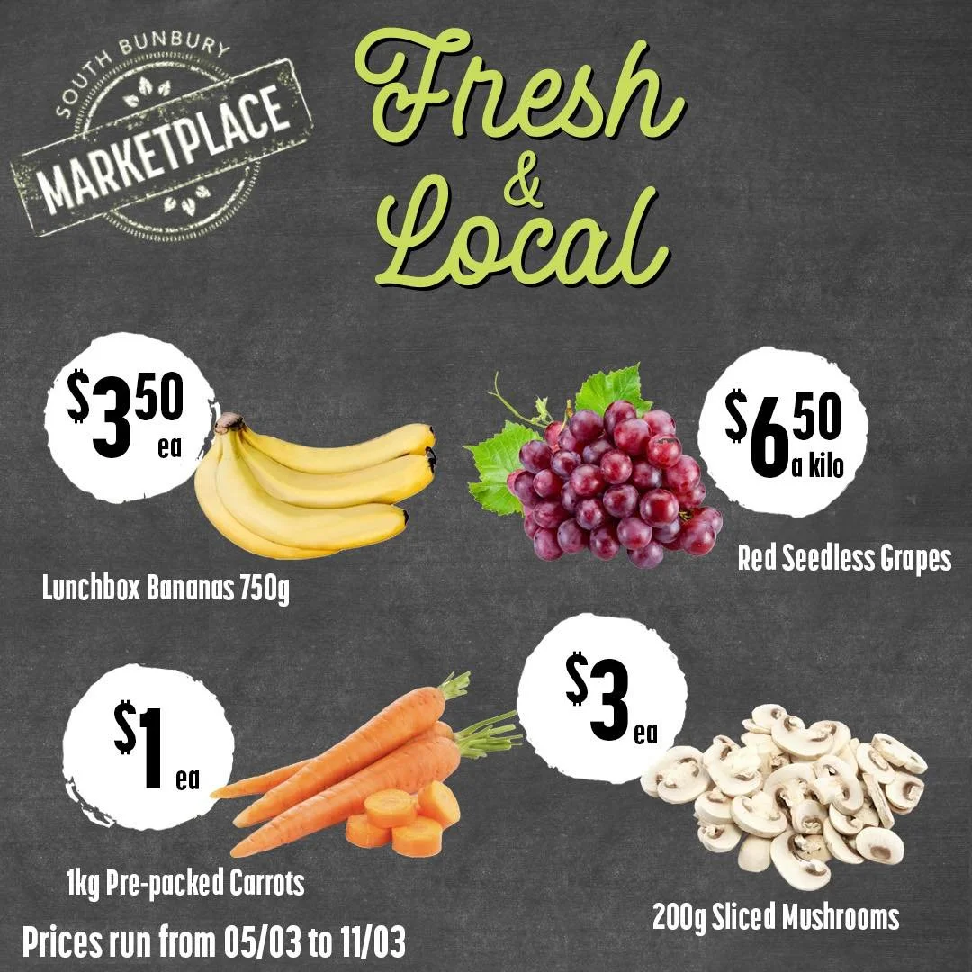 Nothing beats fresh and local!

Find vibrant, seasonal fruit and vegetables right here at South Bunbury Marketplace.

By shopping local, you're supporting our community and enjoying produce at its very best.

#southbunburymarketplace #sbmarketplace #