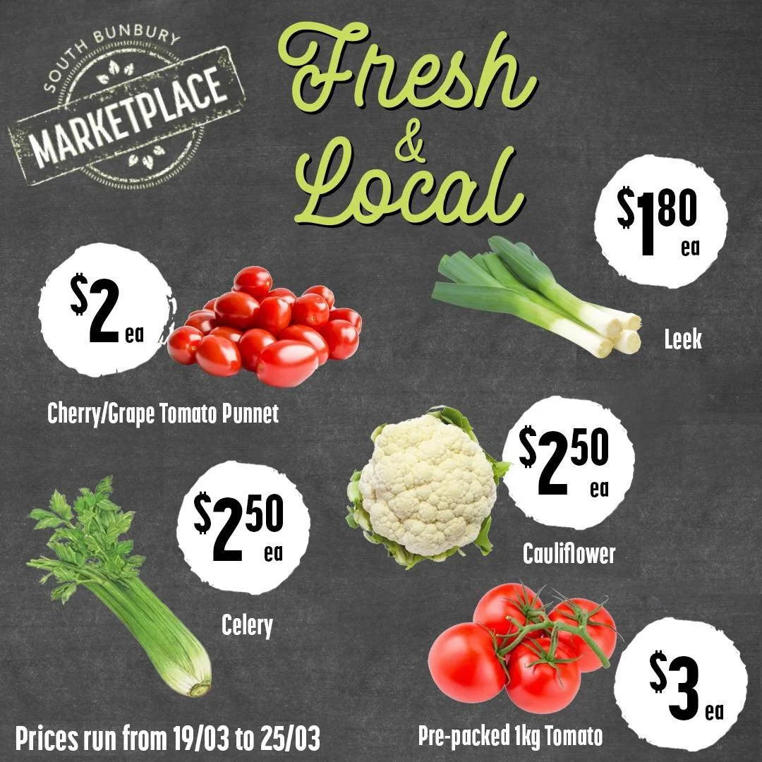 Nothing beats fresh and local!

Find vibrant, seasonal fruit and vegetables right here at South Bunbury Marketplace.

By shopping local, you're supporting our community and enjoying produce at its very best.

#southbunburymarketplace #sbmarketplace #