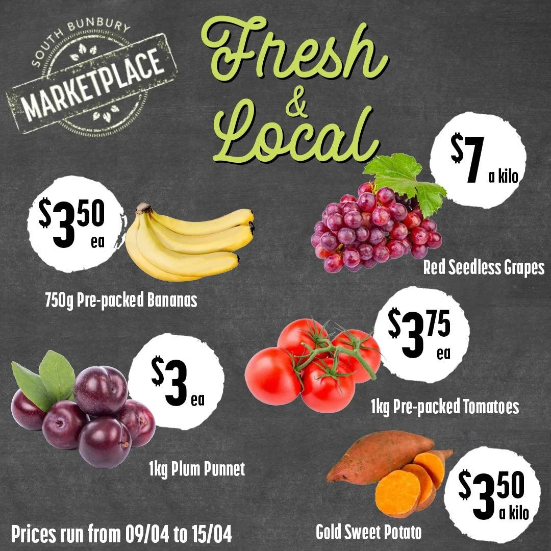Nothing beats fresh and local!

Find vibrant, seasonal fruit and vegetables right here at South Bunbury Marketplace.

By shopping local, you're supporting our community and enjoying produce at its very best.

#southbunburymarketplace #sbmarketplace #