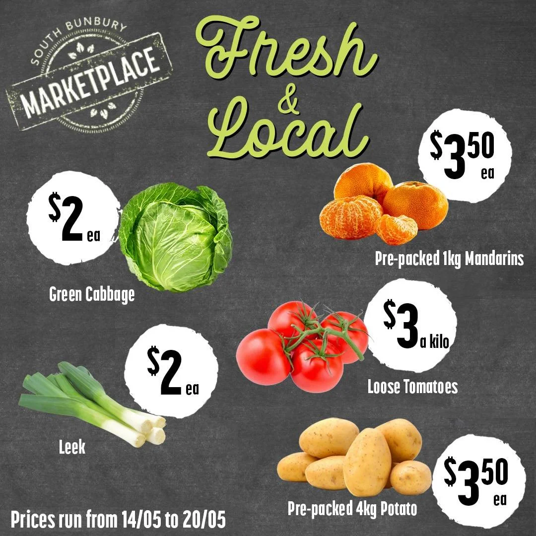 Support local and fill your kitchen with fresh produce this week 💚

Great value specials available from 14/05 to 20/05 at South Bunbury Marketplace.

What&rsquo;s on your shopping list first? 🛒

#southbunburymarketplace #sbmarketplace #yourlocalmar
