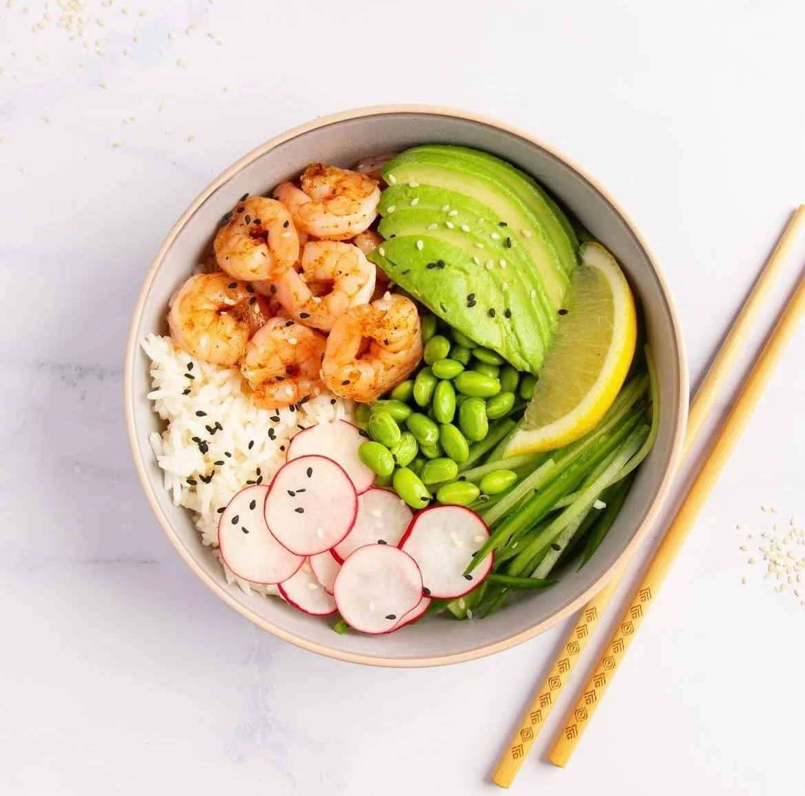 Elevate your meal game with  Blue Wave Prawn Poke Bowl.

Juicy prawns paired with jasmine rice and fresh veggies make for a delicious and satisfying meal!

Let&rsquo;s get cooking!

Serves 1
Prep Time 15 minutes
Cook Time 8 minutes

Ingredients
100g 