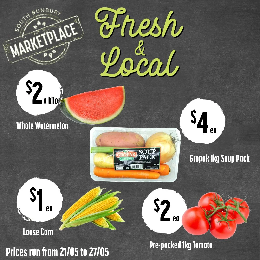 Support local and save on your weekly produce.
Fresh fruit &amp; veg specials available now at South Bunbury Marketplace.

 #southbunburymarketplace #sbmarketplace #yourlocalmarketplace #buywesteatbest #supportlocal #freshandlocal #themarketplacesout