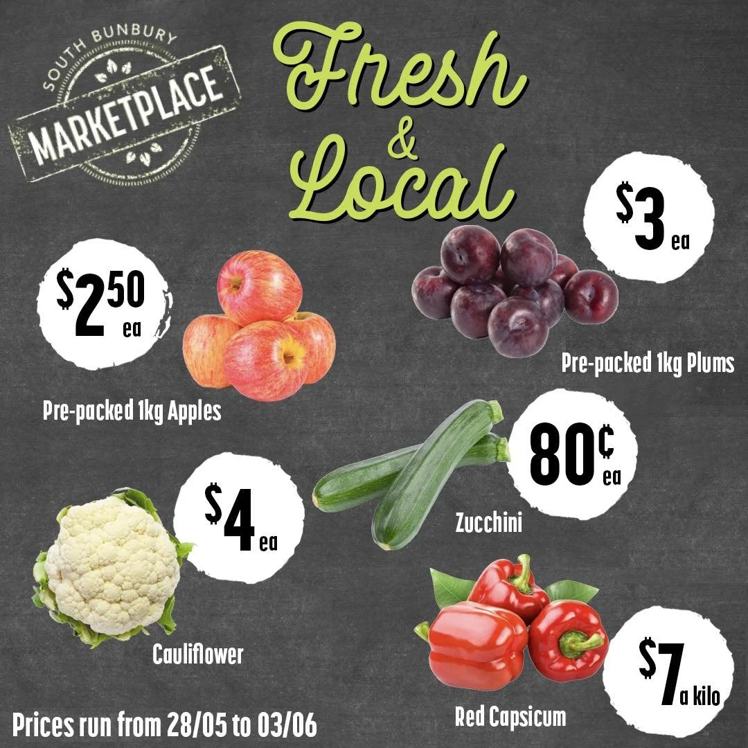 Fresh, local, and affordable!

This week's specials are here:
1kg Apples &ndash; $2.50
1kg Plums &ndash; $3.00
Zucchini &ndash; 80&cent; each
Cauliflower &ndash; $4.00 each
Red Capsicum &ndash; $7.00/kg

Shop local and enjoy the freshest seasonal pro
