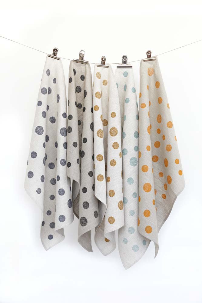 Hand Printed Linen Tea Towel with spot design - hanging