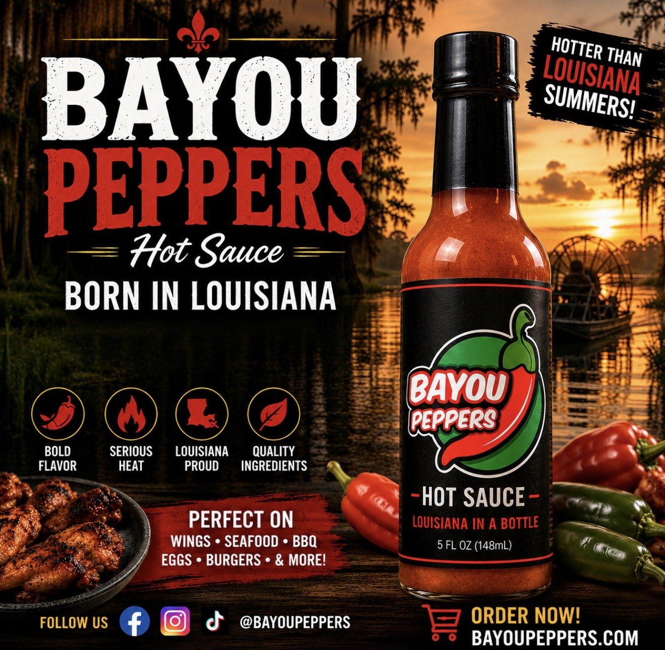 Bayou Peppers hot sauce bottle with Louisiana bayou background.