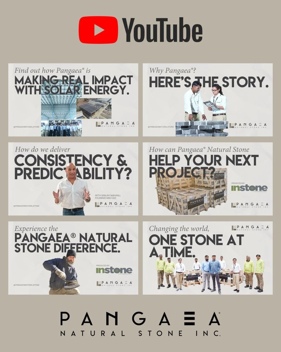 Want to know what makes Pangaea&reg; different?

Our YouTube channel dives deeper into the systems, processes, and philosophies behind our stone. From consistency and predictability to packaging innovations and the people who make it all happen, you'