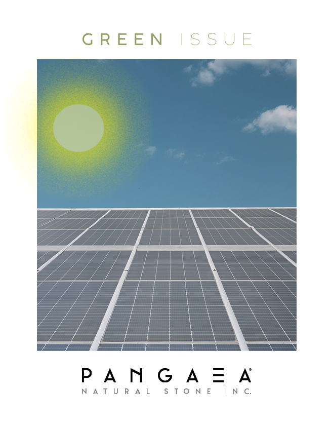 Cover of Green Issue magazine with solar panels under a blue sky and the sun shining.