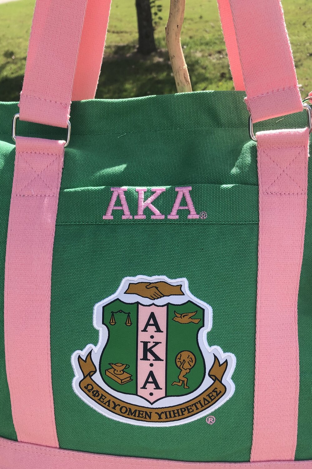 Black Alpha Kappa Alpha Tote Bag with Pink and Green Stripes Yellow and Blue