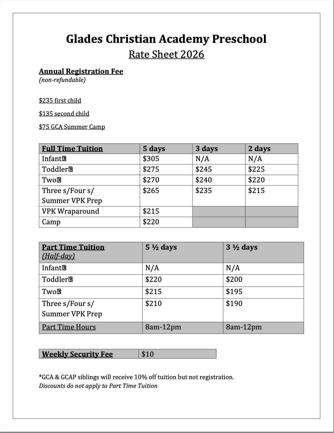 Rate sheet for Glades Christian Academy Preschool, 2026, listing tuition fees for full-time and part-time programs, summer camp, and security fee.