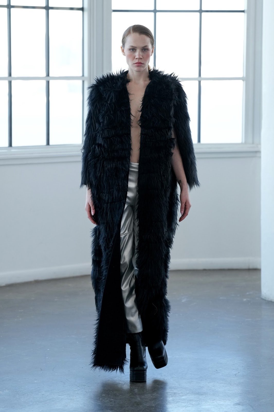 Black Fur Coat with Silver Pants
