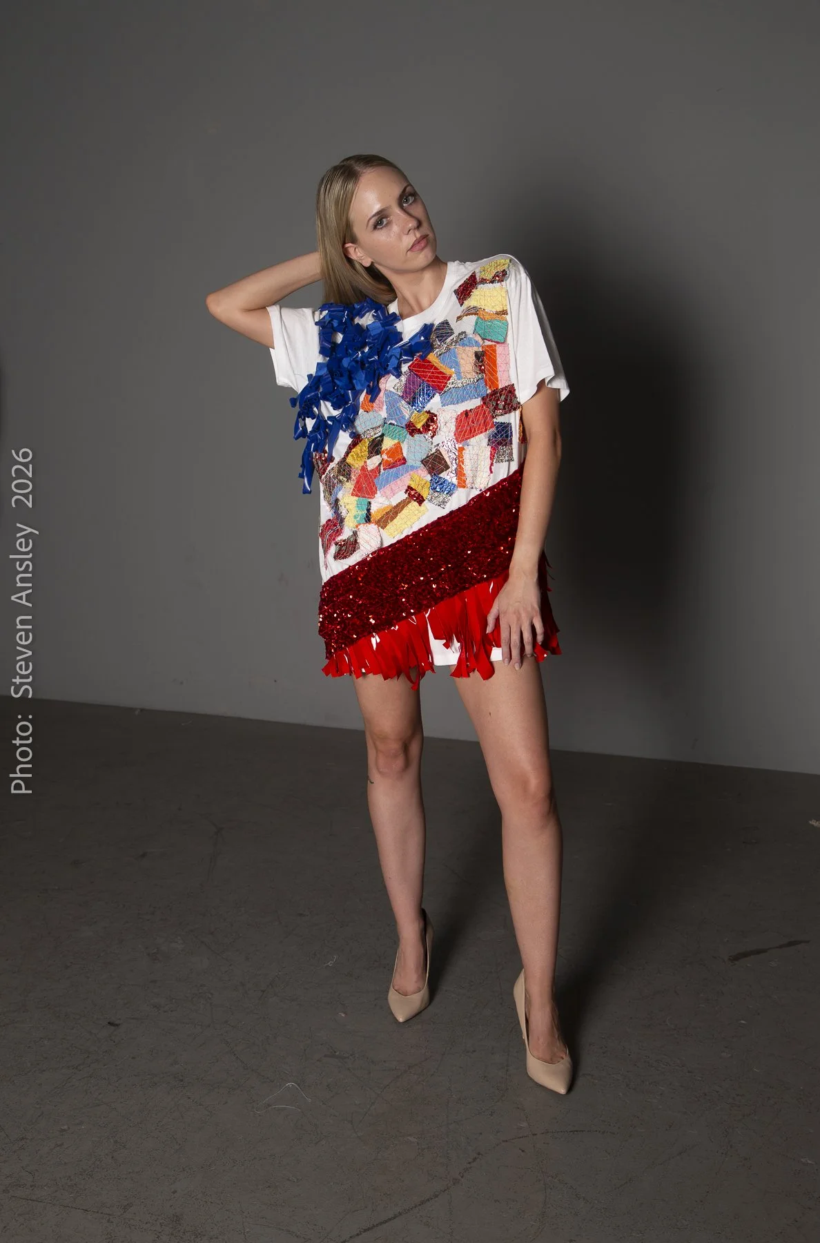 Sequined Dress with Gloved Sleeve and Choker Collar