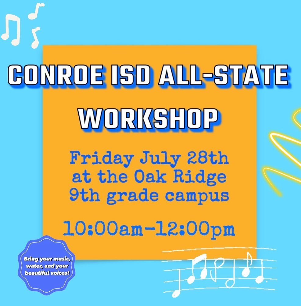 Attention students participating in the All State process! Please come join us at the district workshop hosted at our own Oak Ridge 9th grade campus this Friday, July 28th from 10am to 12pm!! Please be sure to sign up using the link in our bio if you