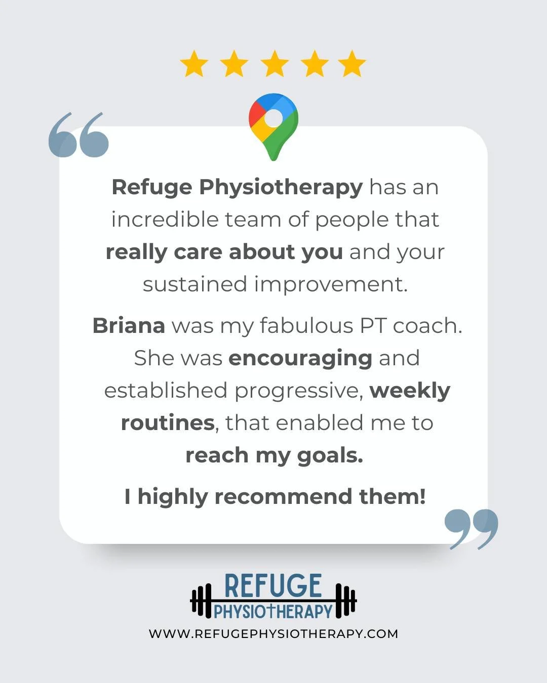 Love seeing reviews like this! 🙌

Briana has been absolutely crushing it with her patients. Watching her create progressive routines and help people reach their goals is exactly what we're all about!

Thank you for trusting us with your care and for
