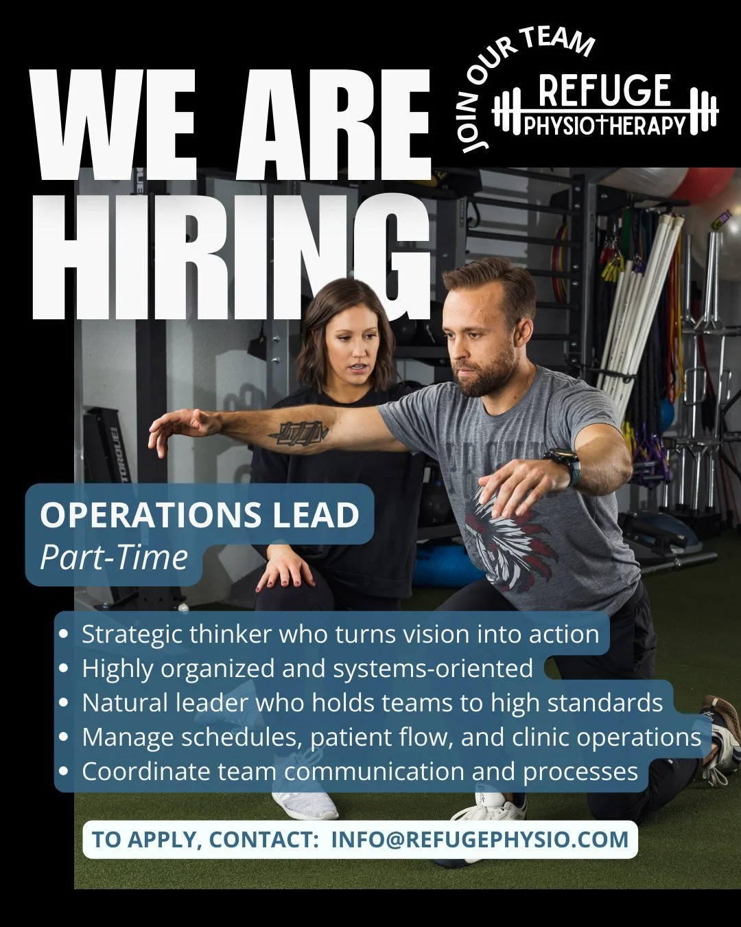 We're hiring! 🎯

Refuge Physiotherapy is growing and we're looking for an Operations Lead to join our team!

This is a part-time, high-level leadership role for someone who loves strategic thinking, organization, and operational excellence.

Know so