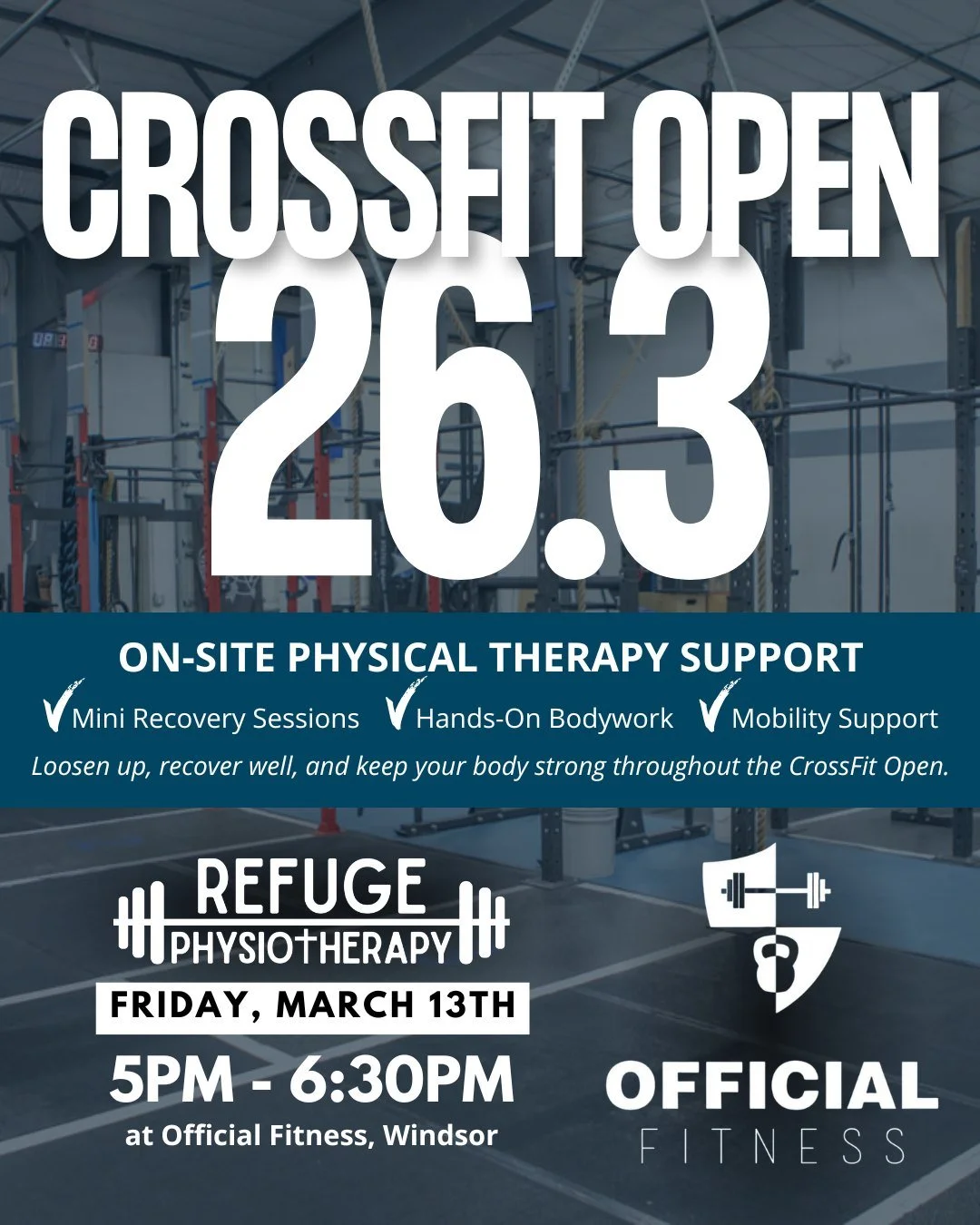 We&rsquo;re heading back to @official_fitness_windsor tomorrow for Friday Night Lights &ndash; CrossFit Open 26.3.

Refuge Physiotherapy will be onsite offering mobility work and recovery sessions to help athletes move well and feel their best throug