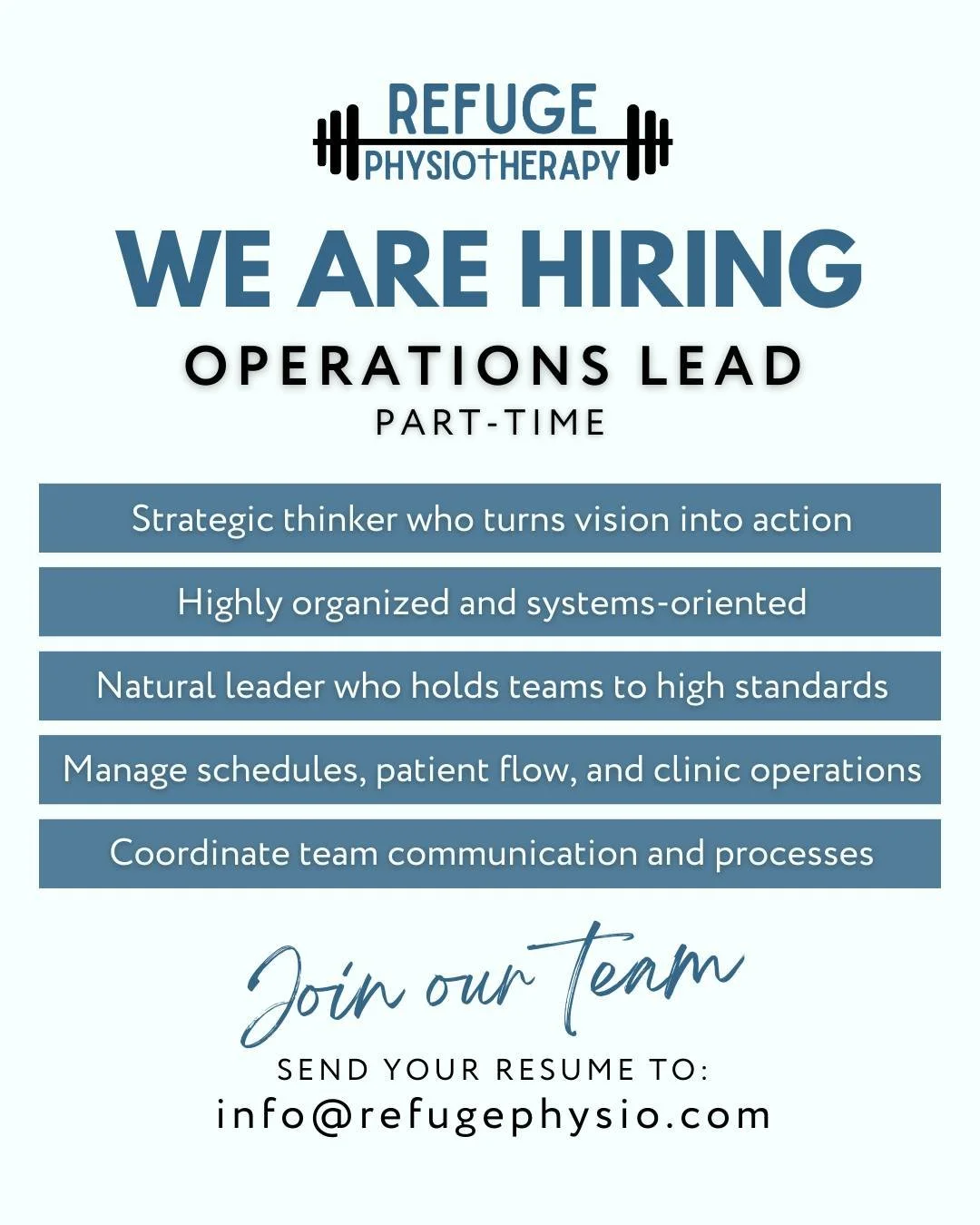 Refuge Physiotherapy is growing, and we&rsquo;re looking for the right person to grow with us.

We&rsquo;re hiring a Part-Time Operations Lead to help guide daily clinic operations, support our team, and ensure everything behind the scenes runs smoot