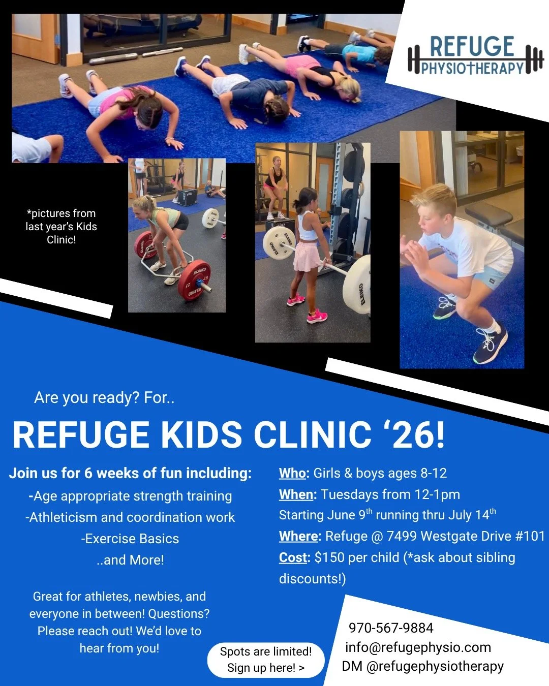 Are you ready?? Kids Clinic is coming! Spots are limited, and are filling up! We are so excited to run this again this year, we always have so much fun! Join us for 6 weeks of exercise basics, strength training, and other age appropriate athleticism 