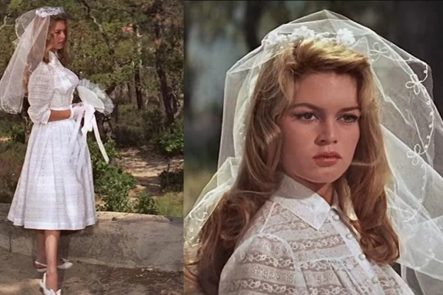 Two images of Bridgett Bardot wearing a tea-length 50s wedding dress