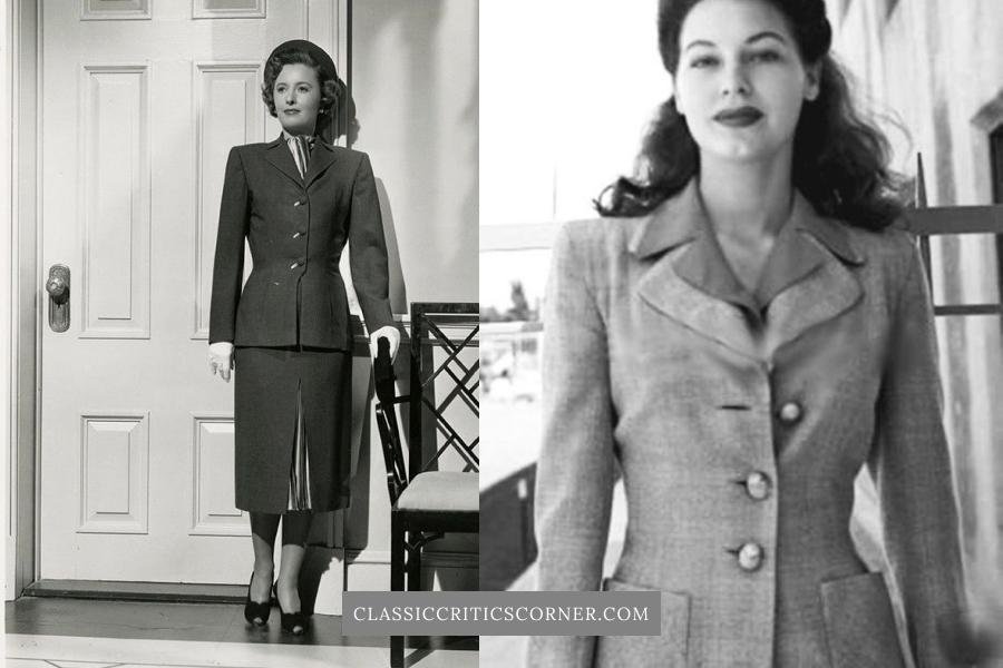 Images of Barbara Stanwyck and Ava Gardner wearing 1940s skirt suits