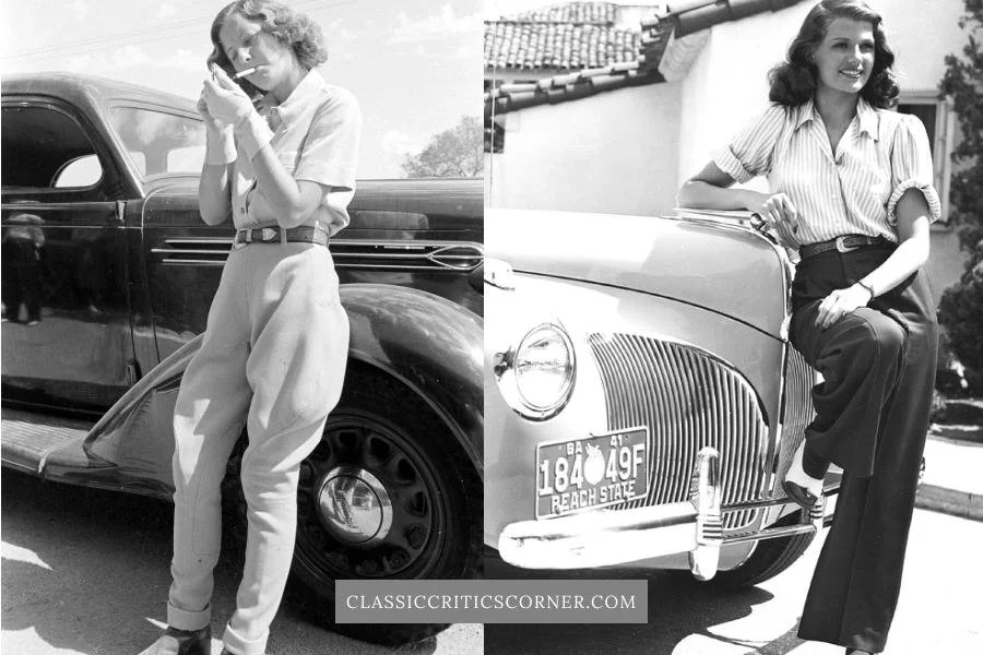 Images of Barbara Stanwyck and Rita Hayworth wearing 1940s high waisted trousers