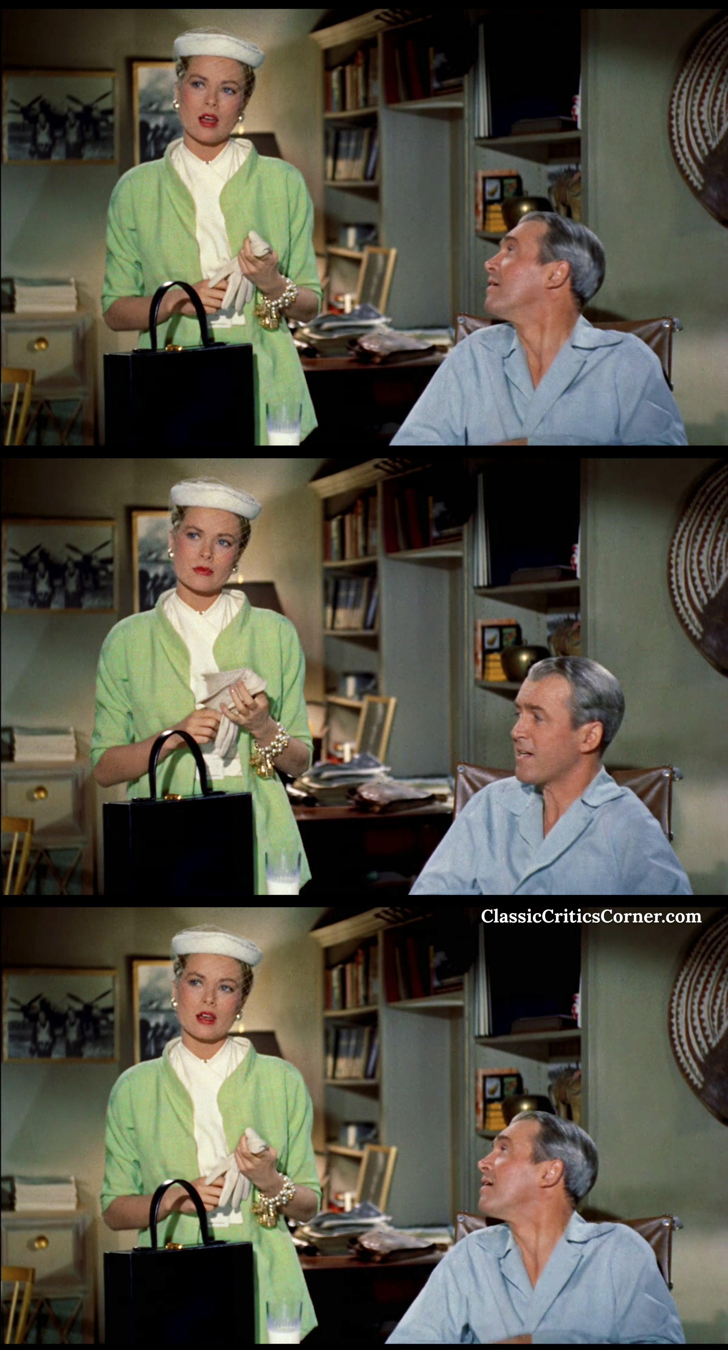 Grace Kelly, perfectly polished in a pistachio-green suit with a pillbox hat.