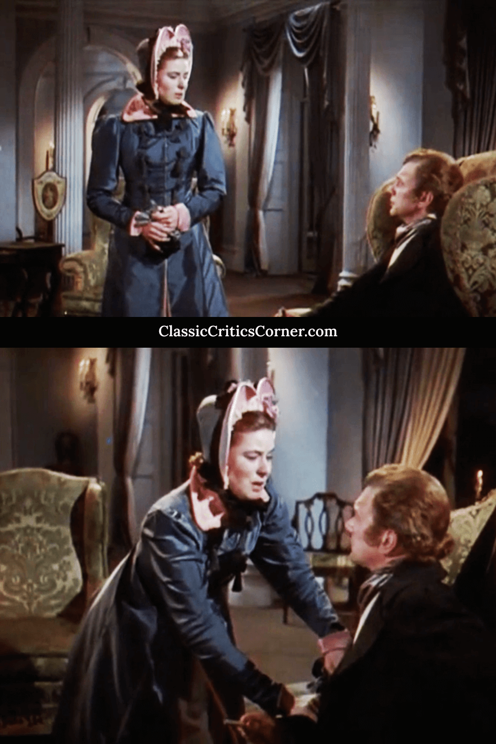 Ingrid Bergman’s character Lady Henrietta wears is a dark gray traveling coat adorned with black bows and ribbons, and touches of pink.  Her matching bonnet is also pink, with ruffle and rose accents.&nbsp;