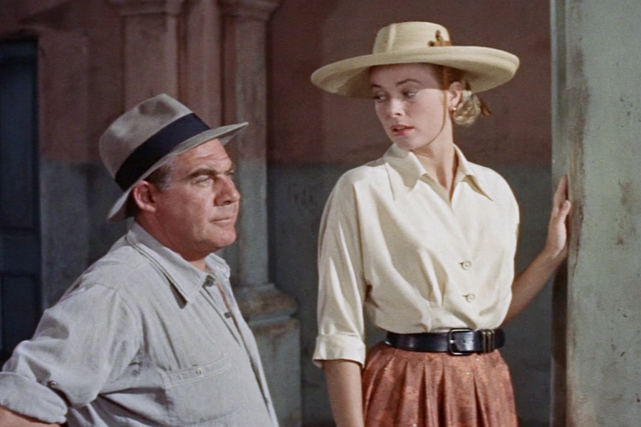 Grace Kelly style formula for the Green Fire movie: blouse, high waisted skirt or pants, and a belt to emphasize the waist. Hat is optional.
