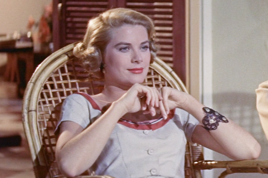 Grace Kelly style dress for dinner with her new boyfriend Rian (Stewart Granger)