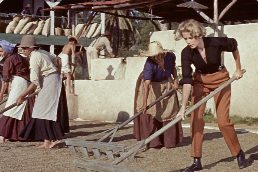 Grace Kelly wears her trademark high-waisted slacks with a blouse tucked in and a belt emphasizing the waist for some hard labor.