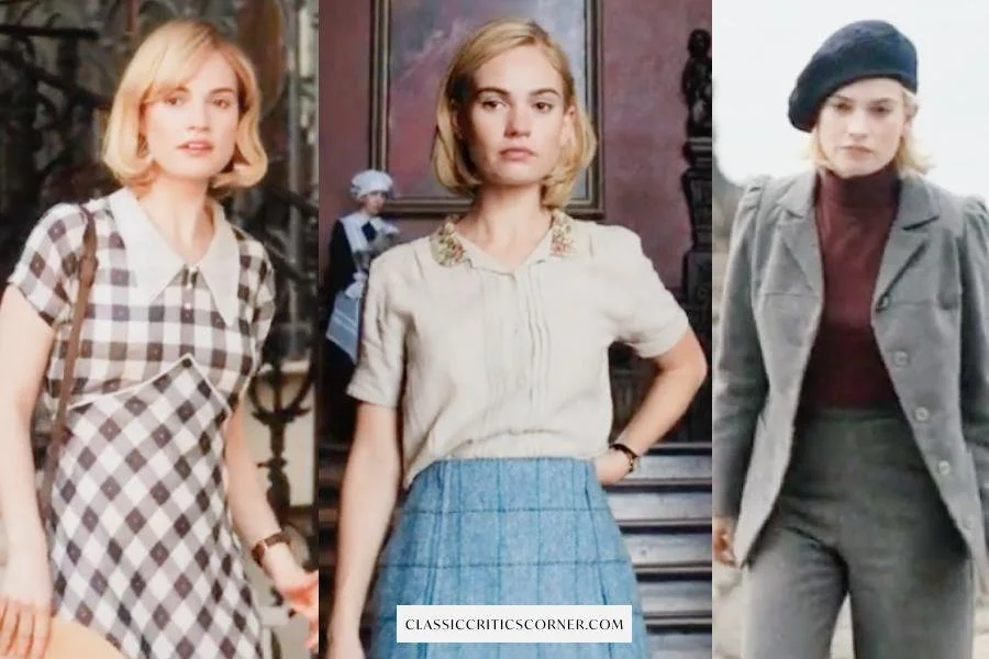 images of Lily James wearing 1930s fashion in Rebecca