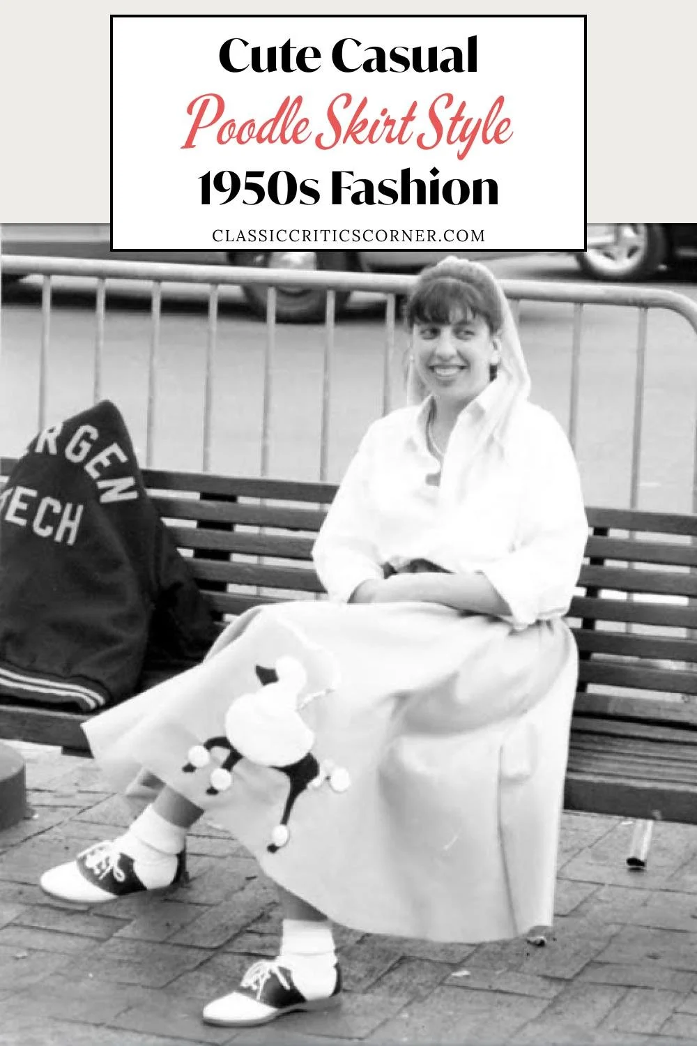 image of a woman in a poodle skirt with text overlay "cute casual poodle skirt style 1950s fashion"