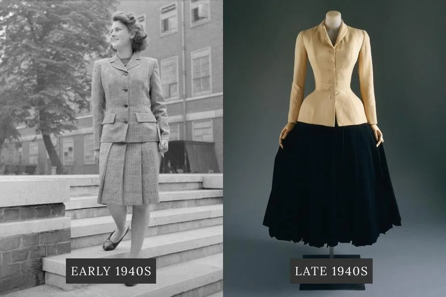 image of a 1940s skirt suit and a 1950s skirt suit