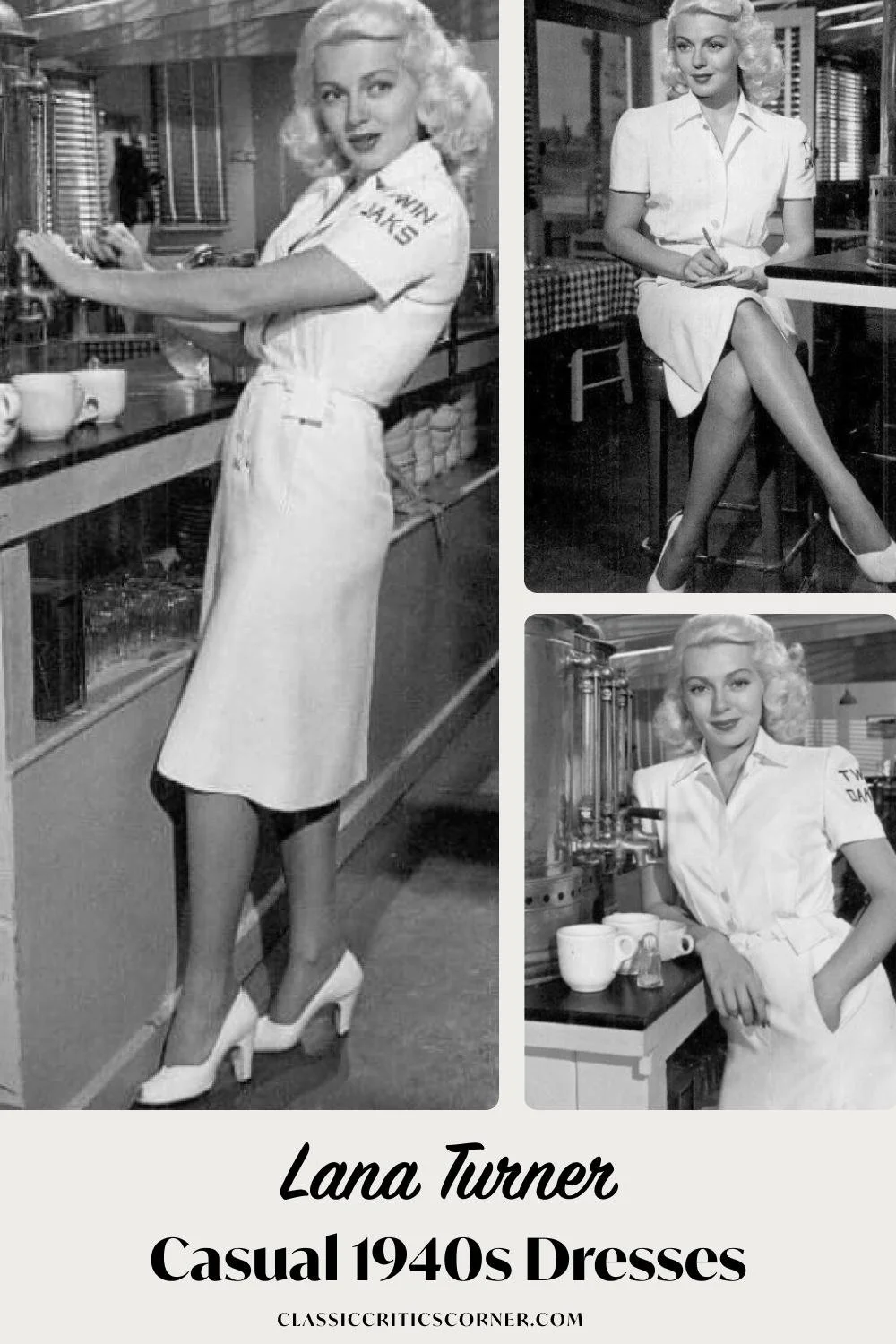 Images of Lana Turner wearing a white shirt dress