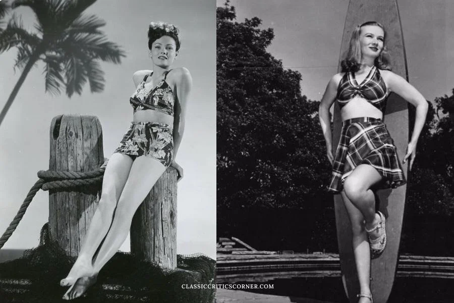 images of Gene Tierney and Veronica Lake wearing 1940s swimsuits
