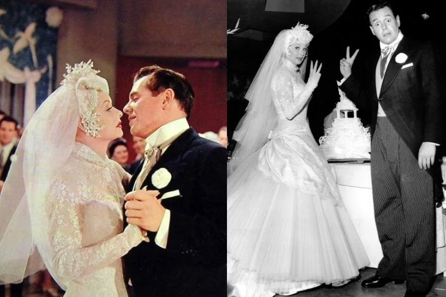 Two images of Lucille Ball wearing a 1950s style wedding dress