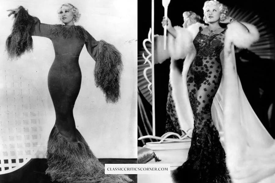 Images of Mae West wearing 1930s evening dressees