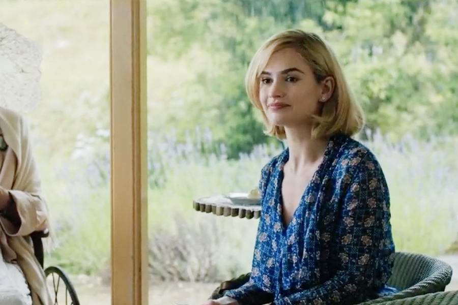 Image of Lily James wearing a 1930s casual dress in the movie "Rebecca"