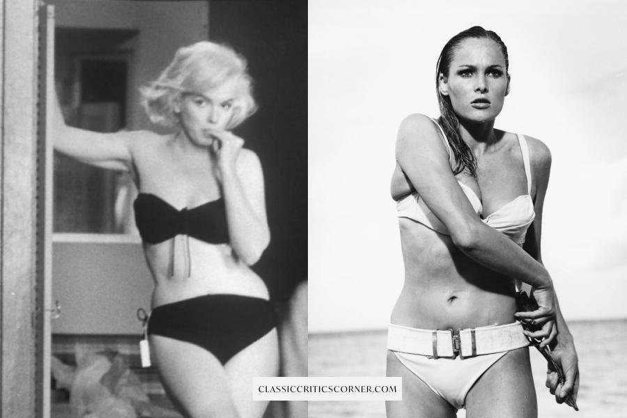 images of Marilyn Monroe and Ursula Andress wearing 1960s swimsuit bikinis