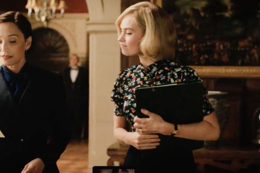 Image of Lily James wearing a 1930s blouse in the movie "Rebecca"