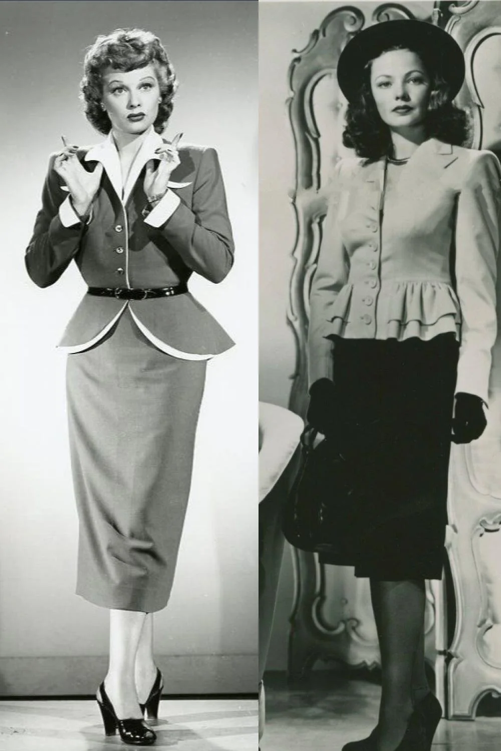 image of gene tierney and lucille ball wearing 1940s style peplum dresses